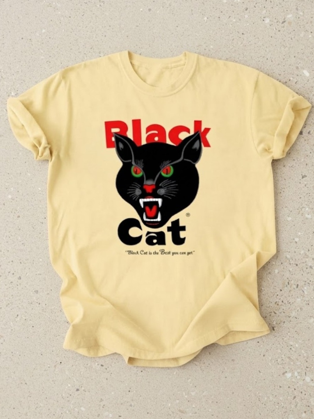 Gildan Yellow Tee with Bold Black Cat Graphic
